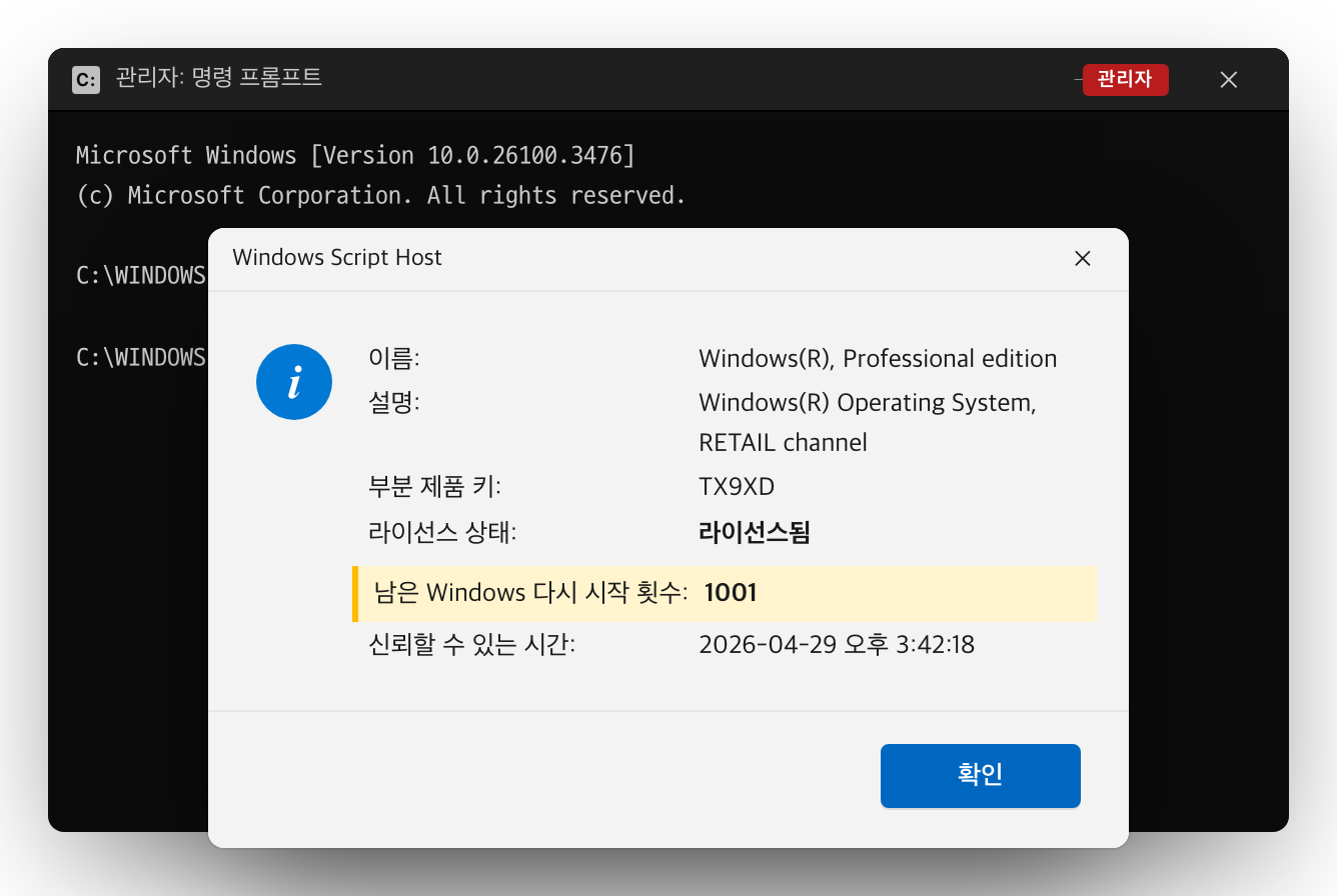slmgr /dlv 실행 결과 창 (관리자 권한 cmd)