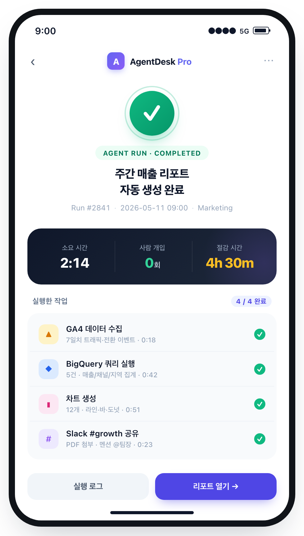 에이전틱 AI 업무 자동화 결과 알림 화면