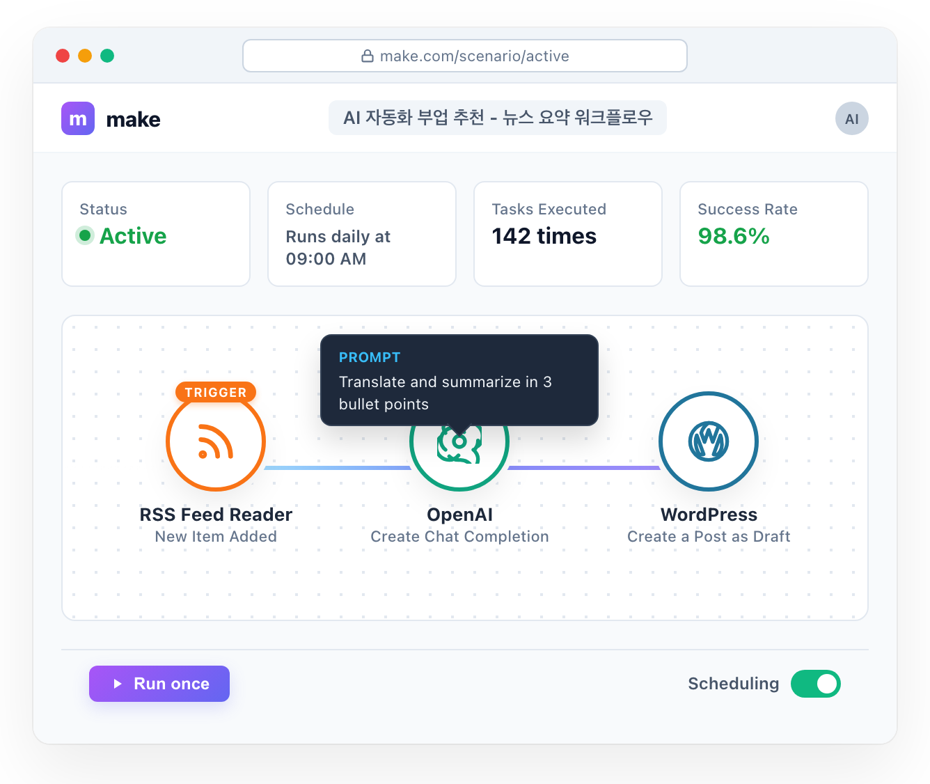 Make를 활용한 뉴스 수집 및 챗GPT 요약 자동화 워크플로우 설정 화면